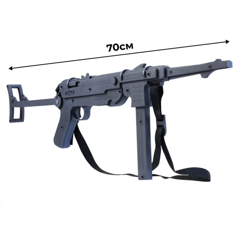 Деревянный автомат МП-40 с откидным прикладом, съемным магазином и стрельбой очередями: резинкострел ARMA.TOYS