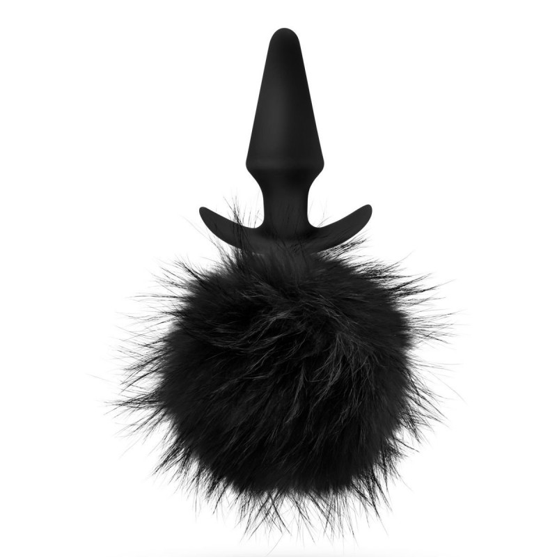 Силиконовая анальная пробка с чёрным заячьим хвостом Bunny Tail Pom Plug - 12,7 см.