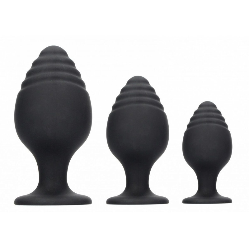 Набор из 3 черных анальных пробок Rippled Butt Plug Set