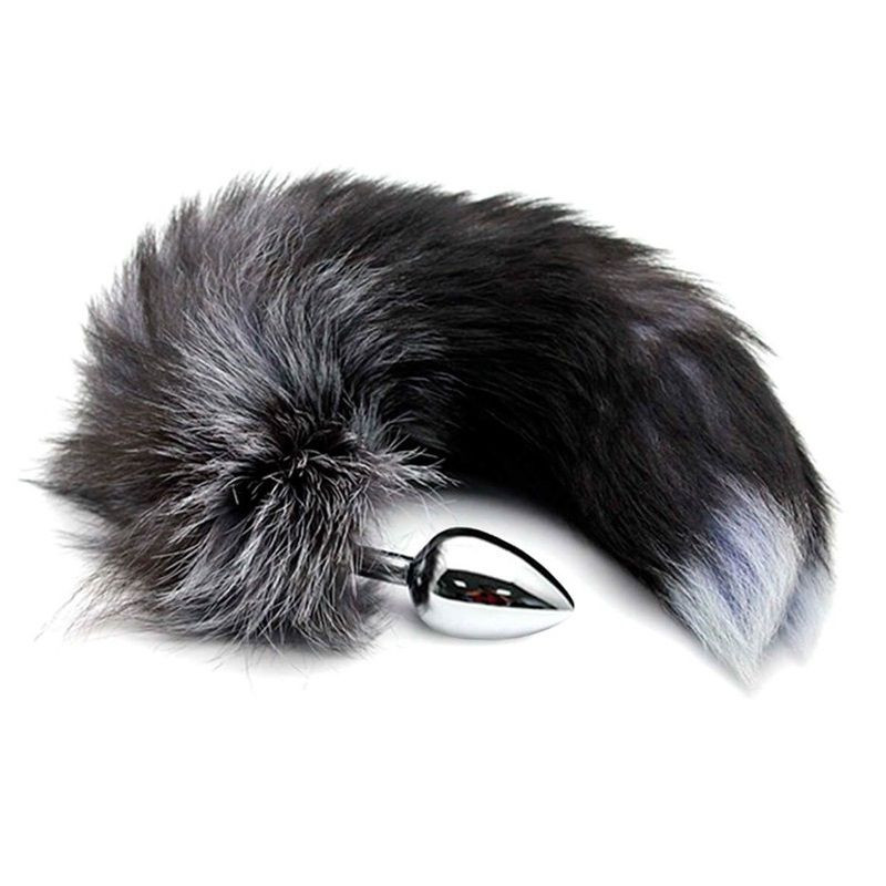 Серебристая анальная пробка с темным лисьим хвостом Black & White Fox Tail Size M