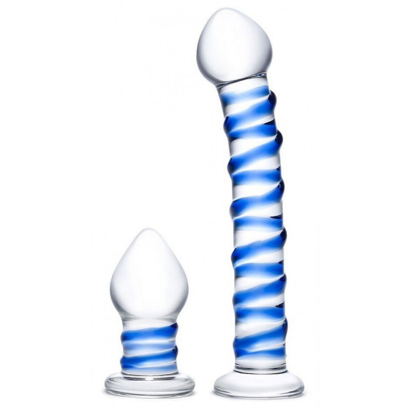 Набор из 2 стеклянных игрушек с синей спиралью Swirly Dildo & Buttplug Set